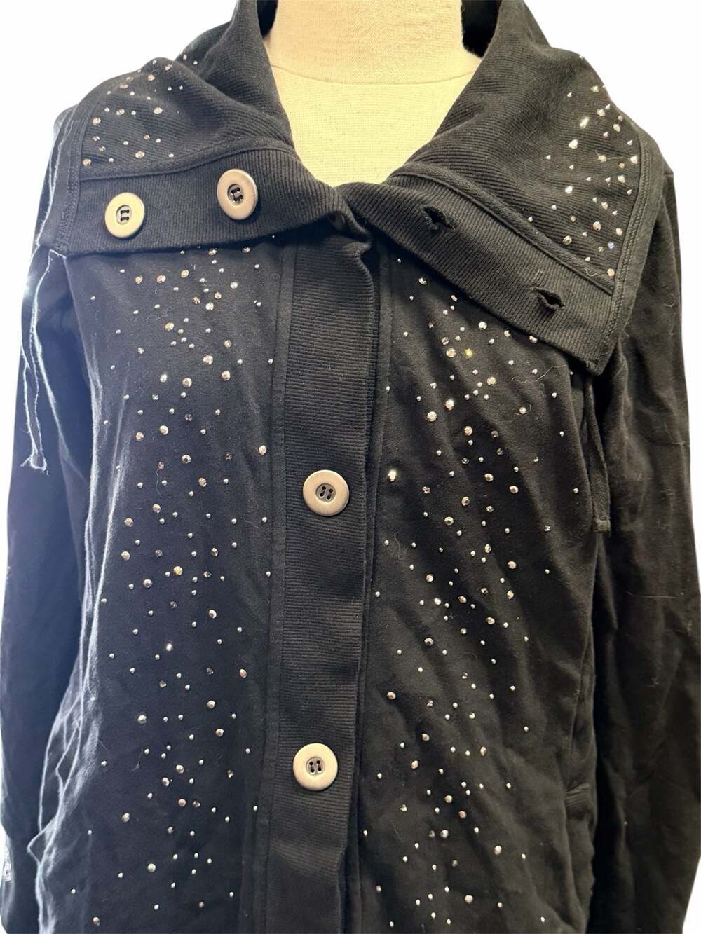 Christine Alexander Black Rhinestone Embellished Button-Front Cardigan Jacket